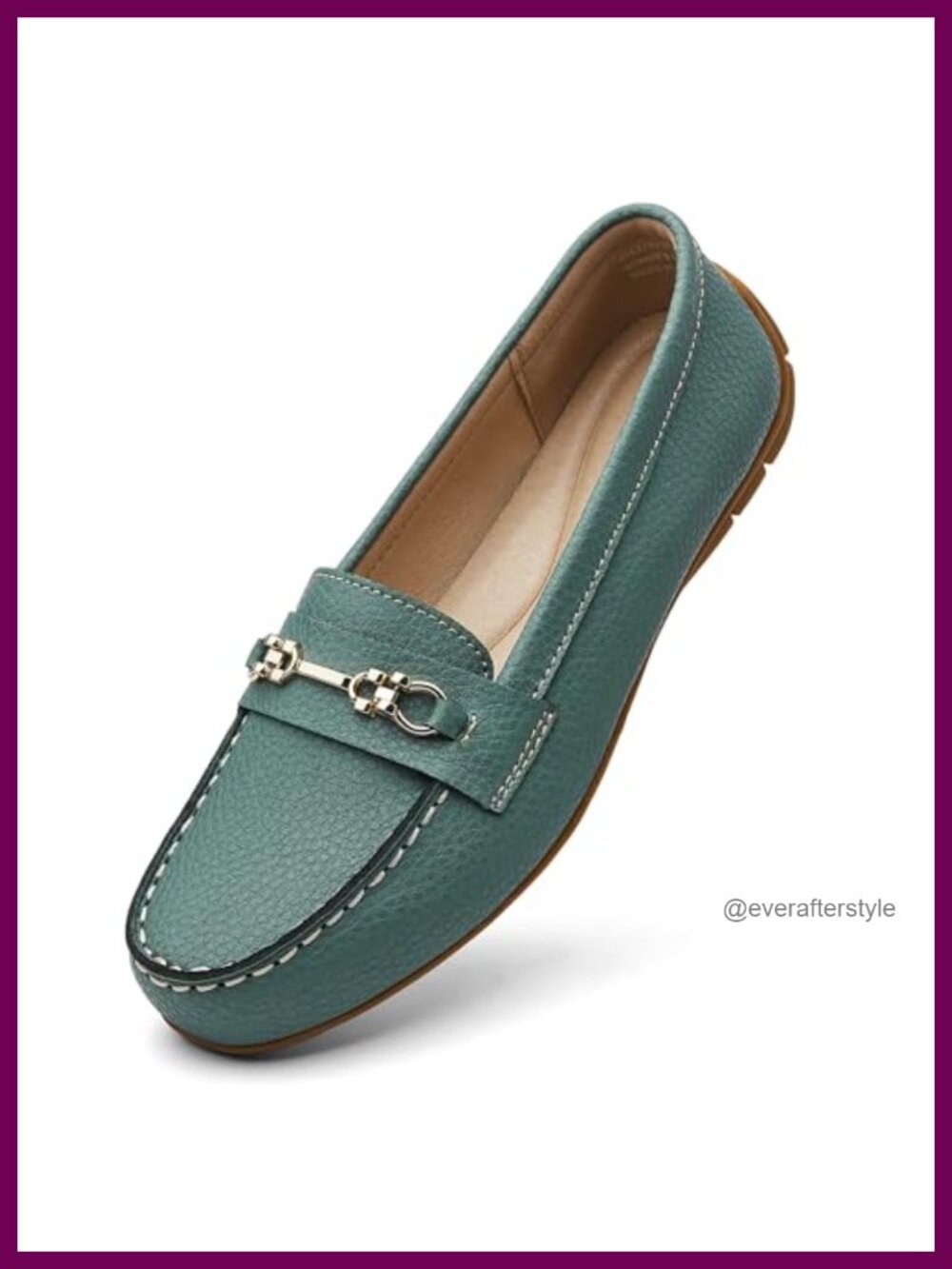 Women's Leather Loafers with Memory Foam & Gold Buckle Slip-On Shoes